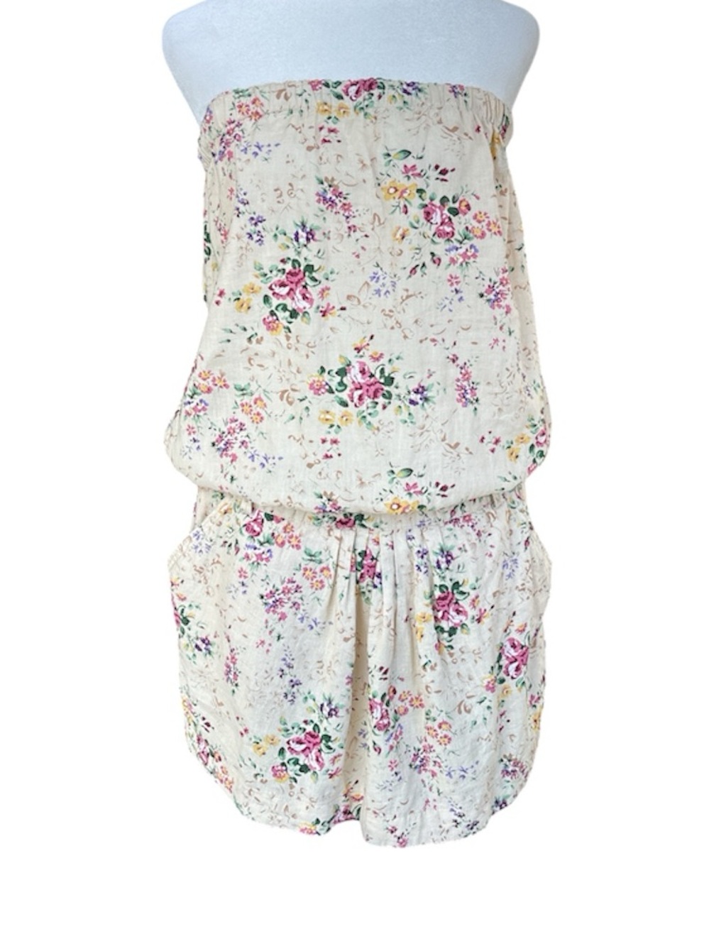 Lanidor Linen-Blend Strapless Floral Dress Cream/Pink S